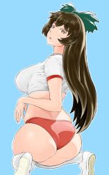 Rule 34 | 1girl, ass, belly, blue background, bow, breasts, brown hair, buruma, crop top, female focus, hair bow, kamogawa negio, large breasts, long hair, looking at viewer, looking back, orange eyes, outline, parted lips, reiuji utsuho, shirt, shoes, short sleeves, skindentation, sneakers, socks, solo, thighs, touhou, very long hair, white footwear, white shirt, white socks