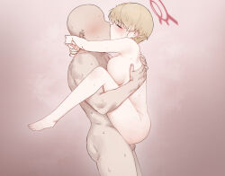 Rule 34 | 1boy, 1girl, absurdres, blue archive, blush, breasts, closed eyes, completely nude, from side, halo, hetero, highres, kiss, large breasts, marina (blue archive), mochirong, nipples, nude, pink background, sex, suspended congress