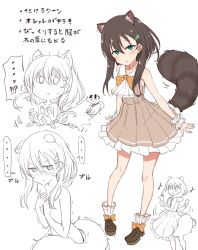 Rule 34 | ..., 1girl, animal ear fluff, animal ears, bare shoulders, black hair, bow, commentary request, dress, frilled dress, frills, green eyes, hair between eyes, hair ornament, highres, leaf, leaf hair ornament, long hair, looking at viewer, multiple views, musical note, nonono (mino), orange bow, original, pleated dress, raccoon ears, raccoon girl, raccoon tail, simple background, sleeveless, sleeveless dress, spoken ellipsis, tail, translated, trembling, white background, wrist cuffs