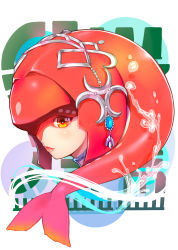 Rule 34 | 1girl, brown eyes, colored skin, commentary request, fish girl, from side, gem, hair ornament, head, highres, jewelry, lips, long hair, looking at viewer, mikazuki akira!, mipha, monster girl, multicolored skin, nintendo, no eyebrows, pointy ears, profile, red hair, red skin, solo, the legend of zelda, the legend of zelda: breath of the wild, water, zora