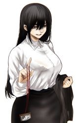 Rule 34 | 1girl, black hair, black skirt, blouse, bra visible through clothes, breasts, closed mouth, collared shirt, cowboy shot, grey eyes, highres, holding, hoshi san 3, id card, jacket, unworn jacket, lanyard, large breasts, long hair, long sleeves, looking at viewer, office lady, original, pencil skirt, shirt, simple background, skirt, smile, solo, standing, white background, white shirt, wing collar