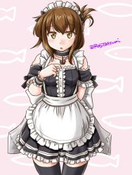 Rule 34 | 1girl, alternate costume, anchor, apron, black choker, black dress, black thighhighs, brown eyes, brown hair, choker, commentary request, dress, enmaided, fish background, folded ponytail, frilled apron, frills, inazuma (kancolle), kantai collection, long hair, looking at viewer, maid, maid headdress, one-hour drawing challenge, open mouth, pink background, solo, standing, tatsumi ray, thighhighs, twitter username, white apron, wrist cuffs