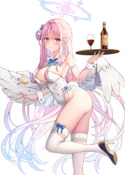 Rule 34 | 1girl, alcohol, alternate costume, angel wings, arm strap, ass, bad link, bare shoulders, blue archive, blue bow, blue bowtie, blush, bottle, bow, bowtie, breasts, brown footwear, cleavage, closed mouth, colored tips, covered navel, cup, detached collar, drink, drinking glass, foot out of frame, gradient hair, hair bun, halo, hand up, high heels, highleg, highleg leotard, highres, holding, holding tray, leotard, long hair, looking at viewer, medium breasts, mika (blue archive), multicolored hair, orange eyes, over-kneehighs, pink hair, sailor collar, side-tie leotard, sideboob, sidelocks, simple background, single side bun, skindentation, smile, sob (submar1089), solo, standing, standing on one leg, strapless, strapless leotard, thighhighs, thighs, tray, very long hair, white background, white leotard, white sailor collar, white thighhighs, white wings, white wrist cuffs, wine, wine glass, wings, wrist cuffs
