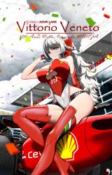 Rule 34 | 1girl, absurdres, alternate costume, asymmetrical gloves, azur lane, black panties, blue sky, boots, bow, breasts, car, chinese commentary, clothing cutout, cloud, confetti, covered erect nipples, elbow gloves, ferrari, formula one, formula racer, from below, gloves, grey hair, hair bow, hand in own hair, high heel boots, high heels, highleg, highleg leotard, highres, italian flag, kangkehuohuohuo, large breasts, leotard, logo, long hair, looking at viewer, motor vehicle, outdoors, panties, panties under leotard, panty straps, race queen, race vehicle, racecar, racetrack, red bow, red footwear, red leotard, shell (company), single elbow glove, skindentation, sky, strapless, strapless leotard, thigh boots, thighs, two-tone leotard, underboob cutout, underwear, vittorio veneto (azur lane), white eyes, white leotard
