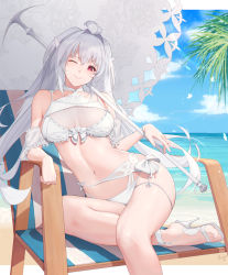 Rule 34 | 1girl, ahoge, bare shoulders, beach, beach chair, bikini, blue sky, breasts, closed mouth, collarbone, fate/grand order, fate (series), frilled bikini, frills, highres, kojo (0124), lady avalon (fate), lady avalon (second ascension) (fate), long hair, looking at viewer, medium breasts, merlin (fate/prototype), navel, one eye closed, outdoors, parasol, purple eyes, shore, sitting, sky, smile, solo, swimsuit, thighs, umbrella, very long hair, white bikini, white hair