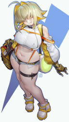 Rule 34 | 1girl, ahoge, bag, blonde hair, blurry, blurry background, breasts, closed mouth, commentary, curvy, elegg (nikke), english commentary, fang, goddess of victory: nikke, grey background, hair over eyes, highres, holding, holding bag, large breasts, long bangs, looking at viewer, multicolored hair, navel, plump, poch4n, red eyes, short shorts, shorts, smile, solo, standing, thick thighs, thighs, two-tone background, two-tone hair, white shorts