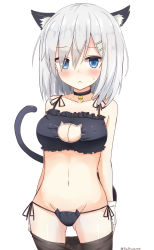 Rule 34 | 10s, 1girl, animal ears, bare shoulders, bell, black bra, black panties, black pantyhose, blue eyes, blush, bra, breasts, cat cutout, cat ear panties, cat ears, cat lingerie, cat tail, choker, cleavage, cleavage cutout, clothes pull, clothing cutout, collar, eyes visible through hair, frilled bra, frills, gloves, hair ornament, hair over one eye, hairclip, hamakaze (kancolle), highres, jingle bell, kantai collection, large breasts, looking at viewer, meme attire, navel, neck bell, panties, pantyhose, pantyhose pull, pinoaisu, short hair, side-tie panties, silver hair, simple background, solo, standing, stomach, tail, twitter username, underwear, underwear only, white background, white gloves