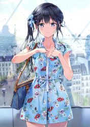 Rule 34 | 1girl, absurdres, adagaki aki, bag, black hair, blue eyes, blush, bottle, bow, building, closed mouth, collarbone, cowboy shot, dress, fang, floral print, highres, jewelry, long hair, looking at viewer, masamune-kun no revenge, necklace, reflection, sash, scan, side ponytail, skirt, standing, striped, striped bow, tiv, water bottle