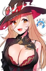 Rule 34 | 1girl, black headwear, black shirt, blonde hair, bra, breasts, brown eyes, cleavage, collared shirt, doraemon, doraemon (character), fang, hair between eyes, hat, highres, large breasts, long hair, looking to the side, nijisanji, nui sociere, nui sociere (1st costume), nun bora (artist), open mouth, portrait, red bra, shirt, sketch, solo focus, underwear, virtual youtuber, white background, witch, witch hat