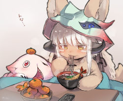 Rule 34 | 1other, androgynous, animal ears, artist name, blunt bangs, bowl, chopsticks, colored eyelashes, controller, eating, fake horns, food, food in mouth, fruit, furry, grey background, helmet, holding, holding chopsticks, horizontal pupils, horned helmet, horns, indoors, kotatsu, made in abyss, mitty (made in abyss), nanachi (made in abyss), noodles, persimmon, rabbit ears, ramen, red eyes, remote control, short hair with long locks, sidelocks, signature, sitting, sketch, suurin (ksyaro), table, upper body, whiskers, white hair, yellow eyes