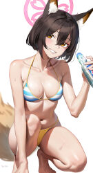 Rule 34 | 1girl, absurdres, animal ear fluff, animal ears, bare arms, bare legs, bare shoulders, barefoot, bikini, blue archive, bottle, breasts, brown hair, fox ears, fox tail, grin, halo, highres, holding, holding bottle, izuna (blue archive), izuna (swimsuit) (blue archive), medium breasts, navel, not forever2w, pink halo, ramune, short hair, simple background, smile, solo, striped bikini, striped clothes, swimsuit, tail, white background, yellow eyes