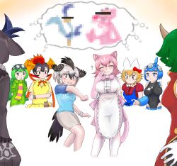 Rule 34 | 6+girls, ?, absurdres, alternate form, animal ears, animal hands, apron, bike shorts, bird wings, black hair, black sclera, blonde hair, blue hair, bow, bowtie, brown hair, censored, center frills, china dress, chinese clothes, closed eyes, closed mouth, clothes writing, colored inner hair, colored sclera, commentary request, cropped legs, crossed arms, crossover, debidebi debiru, debiru-sama, draco centauros, dress, elbow gloves, frills, gachapin, ghost in the shell, gloves, goggles, goggles on head, greater roadrunner (kemono friends), green hair, grey hair, hair between eyes, hair ornament, head wings, hello kitty, hi no tori, hi no tori (kemono friends), highres, hirake! ponkikki, horns, imagining, kemono friends, kemono friends 3, leotard, looking at another, looney tunes, medium hair, mosaic censoring, multicolored hair, multiple crossover, multiple girls, nijisanji, overalls, panther ears, panther girl, panther tail, peach panther (kemono friends), pink hair, puyopuyo, red hair, road runner (looney tunes), saja (166j357), sanrio, scarf, serval (kemono friends), shared thought bubble, shirt, short hair, short sleeves, smile, standing, sweater vest, t-shirt, tachikoma type-s (kemono friends), the pink panther, the pink panther (character), thought bubble, virtual youtuber, white hair, wings