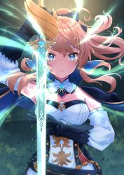 Rule 34 | 1girl, absurdres, blonde hair, blue capelet, blue eyes, bow, capelet, coattails, detached collar, detached sleeves, gauntlets, genshin impact, glowing, glowing sword, glowing weapon, hair bow, high ponytail, highres, holding, holding sword, holding weapon, huge filesize, jean (genshin impact), kame tousagi, long hair, looking at viewer, multicolored capelet, pants, solo, sword, weapon, white pants