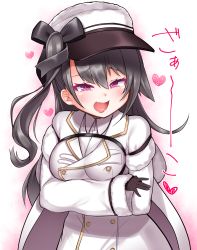 Rule 34 | 1girl, :d, arms under breasts, azur lane, black gloves, black hair, blush, breast hold, breasts, cape, coat, collared shirt, commentary request, dress shirt, fang, flat cap, fur-trimmed sleeves, fur trim, gloves, hair between eyes, hat, heart, highres, kirisame mia, large breasts, layered sleeves, long hair, long sleeves, looking at viewer, one side up, open mouth, pamiat merkuria (azur lane), purple eyes, shirt, short over long sleeves, short sleeves, sleeves past wrists, smile, solo, translation request, white cape, white coat, white hat, white shirt