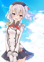 Rule 34 | 10s, 1girl, :d, beret, black skirt, blue sky, blush, breasts, buttons, contrail, cowboy shot, day, epaulettes, gloves, grey eyes, hat, head tilt, jacket, kantai collection, kashima (kancolle), kerchief, large breasts, looking at viewer, military, military uniform, miniskirt, open mouth, pleated skirt, sidelocks, silver hair, skirt, sky, smile, solo, tsurime, twintails, uchuuneko, uniform, v arms, wavy hair, white gloves