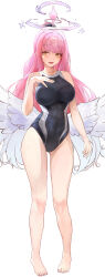 Rule 34 | 1girl, absurdres, angel wings, asaikeu, bare arms, bare shoulders, barefoot, black one-piece swimsuit, black scrunchie, blue archive, breasts, collarbone, commentary, competition school swimsuit, covered navel, feathered wings, feet, full body, gradient hair, hair ornament, hair scrunchie, halo, hand on own chest, high ponytail, highres, knees, large breasts, legs, long hair, looking at viewer, low wings, mika (blue archive), multicolored hair, nail polish, one-piece swimsuit, open mouth, pink hair, pink halo, pink nails, school swimsuit, scrunchie, simple background, smile, solo, standing, swimsuit, thighs, toenail polish, toenails, toes, trinity general school swimsuit, white background, white wings, wings, yellow eyes