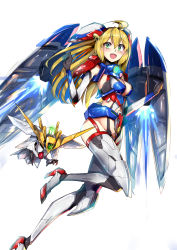 Rule 34 | black gloves, blonde hair, cowlick, gloves, green eyes, gundam, gundam wing, high heels, highres, i.takashi, mecha musume, mechanical wings, open mouth, personification, thrusters, v-fin, white background, wing gundam zero, wings