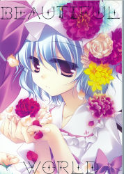 Rule 34 | 1girl, ascot, blue hair, bow, cover, cover page, flower, flower on head, frown, hat, hat ribbon, highres, holding, holding flower, mob cap, motomiya mitsuki, open mouth, petals, puffy sleeves, red eyes, red rose, remilia scarlet, ribbon, rose, rose petals, scan, shirt, short hair, short sleeves, solo, text focus, touhou, white rose
