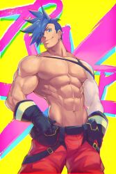 Rule 34 | 1boy, 8 (yamalu), abs, bara, black gloves, blue eyes, blue hair, closed mouth, galo thymos, gloves, highres, large pectorals, looking at viewer, male focus, muscular, muscular male, navel, nipples, pants, pectorals, promare, red pants, short hair, single bare shoulder, smile, solo, spiked hair