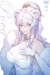 Rule 34 | 1girl, :d, absurdres, alternate costume, alternate hairstyle, animal ears, arknights, bangle, bare shoulders, bear ears, blue eyes, blue hair, bracelet, breasts, character name, collarbone, dress, earrings, fur shawl, grin, hand on own chest, heart, heterochromia, high ponytail, highres, jewelry, kotatsu kaya, large breasts, looking at viewer, multicolored hair, open mouth, red eyes, red hair, rosa (arknights), shawl, sidelocks, silver hair, simple background, sleeveless, sleeveless dress, smile, solo, streaked hair, teeth, upper body, ursus empire logo, white background, white dress