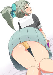 Rule 34 | 1girl, all fours, ass, bed sheet, black shirt, blue bow, blue skirt, blush, bow, cameltoe, dutch angle, embarrassed, closed eyes, female focus, from behind, green hair, hair bow, hair ornament, kantai collection, knees together feet apart, minamimachi naname, open mouth, panties, pee stain, pleated skirt, ponytail, shirt, short sleeves, simple background, skirt, solo, tears, teeth, underwear, upskirt, wet, wet clothes, wet panties, white background, wristband, yellow panties, yuubari (kancolle)