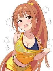 Rule 34 | 1girl, absurdres, arm at side, armpits, blush, breasts, brown eyes, cleavage, collarbone, commentary request, hair ornament, head tilt, highres, idolmaster, idolmaster cinderella girls, long hair, looking at viewer, medium breasts, midriff, navel peek, open mouth, orange hair, ponytail, raised eyebrow, shirt tug, shorts, sidelocks, simple background, sleeveless, smile, solo, sports bra, star (symbol), star hair ornament, steam, steaming body, supman1122, sweat, sweaty clothes, tank top, teasing, very long hair, wakabayashi tomoka, white background