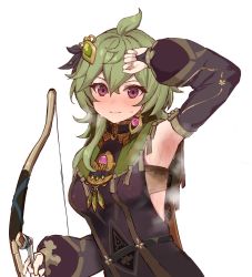 Rule 34 | 1girl, arm up, armpits, bad id, bad twitter id, blush, bow (weapon), breasts, closed mouth, collei (genshin impact), commentary request, detached sleeves, genshin impact, green hair, hair between eyes, hair ornament, highres, holding, holding bow (weapon), holding weapon, looking at viewer, medium breasts, purple eyes, putama, simple background, solo, steam, sweat, upper body, weapon, white background