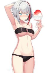 Rule 34 | 1girl, absurdres, admiral graf spee (azur lane), alternate costume, arm behind head, armpits, azur lane, bandeau, bare arms, bare shoulders, bikini, black bikini, blue eyes, blunt bangs, blush, breasts, collarbone, commentary request, cowboy shot, cup, food, gluteal fold, groin, highres, holding, holding cup, kinsenka momi, looking at viewer, medium breasts, mouth hold, multicolored hair, navel, o-ring, o-ring bikini, o-ring bottom, o-ring top, red hair, shaved ice, short hair, sidelocks, signature, silver hair, simple background, solo, stomach, strapless, strapless bikini, streaked hair, swimsuit, thighs, underboob, utensil in mouth, wet, white background