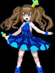 Rule 34 | 1girl, animated, black background, blue eyes, brown hair, crown hair ornament, lowres, open mouth, pixel art, tagme, yomitim