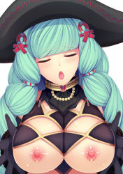 Rule 34 | 1girl, black gloves, blush, breasts, daiaru, drill hair, fiore brunelli, gloves, green hair, hair ornament, hat, highres, large breasts, long hair, looking at viewer, nipple piercing, nipples, open mouth, revealing clothes, simple background, solo, star ocean, star ocean integrity and faithlessness, twin drills, white background, witch hat, yellow eyes