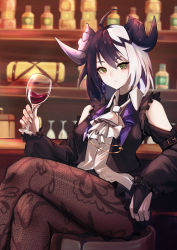 Rule 34 | 1girl, ahoge, alchemy stars, alcohol, ascot, black hair, black jacket, black skirt, blurry, blurry background, brown pantyhose, clothing cutout, collared shirt, commentary request, crossed legs, cup, drinking glass, earrings, feet out of frame, fingernails, frilled skirt, frilled sleeves, frills, green eyes, hair between eyes, highres, holding, holding cup, horns, jacket, jewelry, long sleeves, looking at viewer, minksama, multicolored hair, pantyhose, parted lips, puffy long sleeves, puffy sleeves, red wine, sharona (alchemy stars), sharp fingernails, shelf, shirt, short hair, shoulder cutout, sitting, skirt, solo, split-color hair, thighs, two-tone hair, white ascot, white hair, white shirt, wine, wine glass