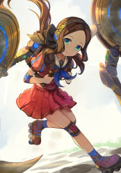 Rule 34 | 1girl, aged down, aqua eyes, backpack, bag, black bow, blue neckwear, bow, brown hair, buckle, closed mouth, commentary request, dutch angle, elbow pads, fate/grand order, fate (series), forehead, hair bow, headphones, highres, hsin, inline skates, knee pads, legs up, leonardo da vinci (active sailor) (fate), leonardo da vinci (fate), leonardo da vinci (fate/grand order), leonardo da vinci (rider) (fate), long hair, looking at viewer, low ponytail, machinery, pleated skirt, puffy short sleeves, puffy sleeves, randoseru, red shirt, red skirt, roller skates, sailor collar, school uniform, serafuku, shirt, short sleeves, skates, skirt, smile, solo, white sailor collar