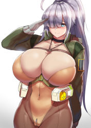 Rule 34 | 1girl, absurdres, blue eyes, blush, breasts, brown pantyhose, chest strap, cho!cho!, cleavage, covered navel, gloves, gnome (last origin), green jacket, grey gloves, hair over one eye, high ponytail, highres, huge breasts, jacket, last origin, leotard, looking at viewer, pantyhose, ponytail, salute, silver hair, simple background, smile, white background, yellow leotard