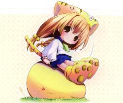 Rule 34 | 1girl, :3, animal ears, animal hat, bell, black eyes, blouse, blue skirt, blush, brown hair, cat ears, cat hat, cat tail, child, di gi charat, flower, gema, grass, hair bell, hair ornament, hat, long hair, long sleeves, looking at viewer, low-tied long hair, paw shoes, polka dot, polka dot background, pop, puchiko, school uniform, seiren (suite precure), serafuku, shirt, shoes, sitting, skirt, solo, tail, triangle mouth, twintails, white shirt