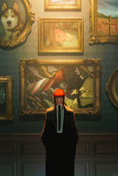 Rule 34 | 1girl, absurdres, art gallery, artist name, black coat, black necktie, black suit, chainsaw man, champi, character print, coat, collared shirt, denji (chainsaw man), dog, feet out of frame, formal, hands in pockets, highres, husky, indoors, looking at viewer, makima (chainsaw man), medium hair, necktie, painting (object), picture frame, pochita (chainsaw man), red hair, ringed eyes, shirt, signature, smile, solo, standing, straight-on, suit, wall, white shirt, yellow eyes