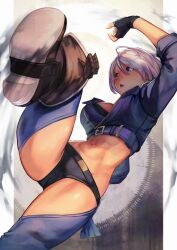 1girl angel_(kof) backless_pants blue_eyes boots bra breasts chaps cleavage cowboy_boots crop_top cropped_jacket fingerless_gloves gloves hair_over_one_eye hinoru_saikusa jacket large_breasts leather leather_jacket midriff navel panties pants short_hair snk solo strapless strapless_bra the_king_of_fighters the_king_of_fighters_xiv toned underwear white_hair