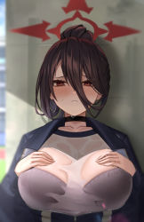 Rule 34 | against wall, black bra, black choker, black hair, blue archive, blush, bra, breasts, choker, colored eyelashes, gym uniform, hair between eyes, half-closed eyes, halo, hands on own breasts, hasumi (blue archive), hasumi (track) (blue archive), jacket, large breasts, looking at viewer, open clothes, open jacket, partially unzipped, ponytail, red eyes, red halo, see-through, see-through shirt, shirt, sweatdrop, swimsuit, toki88909, track jacket, underwear, upper body, white shirt