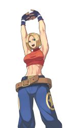 Rule 34 | 1girl, abs, absurdres, armpits, baggy pants, baka guruo, belt, blonde hair, blue eyes, blue mary, breasts, commentary request, crop top, denim, fatal fury, fingerless gloves, gloves, highres, looking at viewer, loose belt, midriff, muscular, navel, pants, short hair, simple background, smile, solo, standing, the king of fighters, transparent background, white background