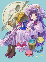 Rule 34 | 1girl, ama-tou, black pantyhose, blue background, bow, capelet, crescent, crescent hat ornament, cup, cupcake, dress, food, fork, frills, fruit, hair bow, hat, hat bow, hat ornament, high heels, highres, long hair, long sleeves, looking at viewer, macaron, mob cap, orange (fruit), orange slice, pantyhose, pastry, patchouli knowledge, photoshop (medium), plate, purple eyes, purple hair, saucer, simple background, sitting, smile, solo, spoon, striped clothes, striped dress, sweets, teacup, touhou, wide sleeves