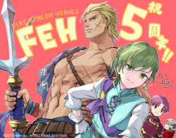 Rule 34 | 4boys, abs, aged down, blonde hair, closed mouth, company name, fire emblem, fire emblem heroes, green eyes, green hair, grey hair, hand on own hip, holding, holding polearm, holding weapon, innes (fire emblem), klein (fire emblem), looking at viewer, mekameka shii, multiple boys, muscular, muscular male, nintendo, ogma (fire emblem), open mouth, pectorals, pink hair, polearm, red background, roshea (fire emblem), scar, scar on chest, scar on face, simple background, upper body, weapon