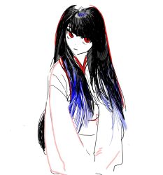 Rule 34 | 1girl, black hair, goodnotes (medium), highres, japanese clothes, kimono, limbus company, long hair, looking at viewer, patchfire, project moon, red eyes, ryoshu (project moon), simple background, solo, spot color, very long hair, white background, white kimono