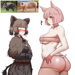 Rule 34 | 2girls, ?, animal ears, at2., blunt bangs, blurry, blurry background, blush, breasts, brown hair, brown tail, closed mouth, commentary, cowboy shot, english commentary, from side, gloves, grass, grey eyes, highres, hooves, medium breasts, medium hair, multiple girls, nipples, original, personification, photo inset, pig, pig girl, pig snout, pink gloves, pink hair, pink shorts, pink tail, sanpaku, short shorts, short tail, shorts, simple background, standing, tail, thick thighs, thighs, tree, white background