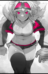 Rule 34 | 1girl, absurdres, bandaged hand, bandages, bandeau, blush, breasts, cleavage, closed mouth, cropped jacket, goggles, goggles on head, hair between eyes, highres, jacket, large breasts, long sleeves, looking at viewer, medium hair, micro shorts, navel, niwamaru (niwarhythm), niwarhythm, open clothes, open jacket, original, red eyes, shorts, sidelocks, skindentation, smile, solo, spot color, strapless, thighhighs, tube top, walking