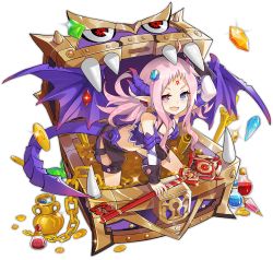 Rule 34 | 1girl, :d, ahoge, ark order, artist request, black shorts, blue eyes, bra, chain, coin, detached sleeves, dragon wings, facial mark, fang, faux figurine, forehead mark, full body, gem, gem on head, gold, gold coin, heterochromia, holding, holding key, horns, key, long hair, long sleeves, looking at viewer, mimic, mimic (ark order), mimic chest, multiple horns, official art, open mouth, pink eyes, pink hair, potion, purple bra, purple horns, purple shirt, purple wings, shirt, short bangs, shorts, sidelocks, smile, solo, transparent background, treasure, treasure chest, twintails, underwear, vase, wings