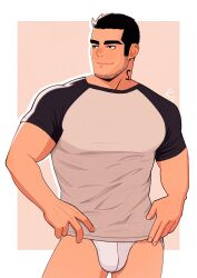 Rule 34 | 1boy, bara, beard stubble, black hair, black sleeves, briefs, bulge, facial hair, feet out of frame, hands on own hips, highres, huge eyebrows, imramillust, large pectorals, looking to the side, lucas lee, male focus, male underwear, muscular, muscular male, no pants, pectorals, scott pilgrim (series), scott pilgrim takes off, shirt, short hair, short sleeves, smile, solo, standing, stubble, t-shirt, thighs, tight clothes, tight shirt, underwear, white male underwear