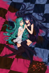 Rule 34 | 10s, 2girls, bed, black dress, black rock shooter, black rock shooter (character), black thighhighs, blue eyes, c.z., creator connection, crossover, dress, glowing, glowing eye, hatsune miku, highres, holding hands, long hair, lying, multiple girls, petals, signature, skirt, songover, thighhighs, twintails, vocaloid, white dress, white skirt, world is mine (vocaloid), yuri, zettai ryouiki