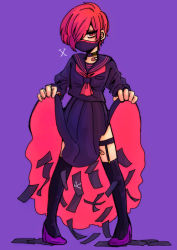 Rule 34 | 1boy, bandaid, black socks, choker, clothes lift, crossdressing, garter straps, high heels, kneehighs, lifted by self, long skirt, looking at viewer, male focus, mask, miss x, mouth mask, purple background, red eyes, red hair, school uniform, serafuku, simple background, skirt, skirt lift, snk gals fighters, socks, solo, the king of fighters, yagami iori