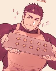 Rule 34 | 1boy, alternate costume, apron, bara, bright pupils, brown theme, expressionless, facial hair, holding, holding plate, large pectorals, light blush, male focus, mature male, monochrome, muscular, muscular male, pectorals, plate, po fu, short hair, sideburns, solo, sparkle, stubble, tokyo houkago summoners, upper body, zabaniyya (housamo)