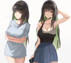 Rule 34 | ..., 1girl, absurdres, armpit peek, arms under breasts, black hair, blue shirt, blue skirt, blush, breasts, brown eyes, cellphone, cleavage, closed mouth, collarbone, colored inner hair, green hair, hand in own hair, highres, holding, holding phone, large breasts, light smile, long hair, looking at viewer, miru (ormille), mole, mole on breast, mole on thigh, mole under eye, multicolored hair, multiple views, no pants, original, ormille, phone, shirt, simple background, skirt, smartphone, straight hair, t-shirt, tank top, two-tone hair, v-shaped eyebrows