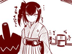 Rule 34 | 10s, abyssal ship, ancient destroyer oni, ancient destroyer princess, cannon, commentary request, drill hair, drum, fairy (kancolle), hakama, hakama skirt, instrument, japanese clothes, kantai collection, kimono, meiji schoolgirl uniform, monochrome, sako (bosscoffee), short hair, sketch, skirt, sweatdrop, translation request, wide sleeves